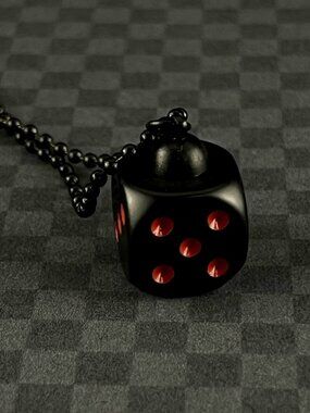 Black Dice Pendant Necklace — Matte Black with Crimson Red Accents